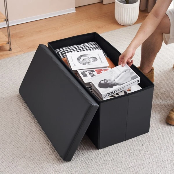 76*38*38cm Glossy PVC MDF Storage Footstool Ottoman Black - Fast & Free Delivery - Image 4 of 4