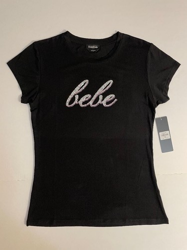 Bebe Women T-Shirt Embellished Logo Black Size Medium NWT