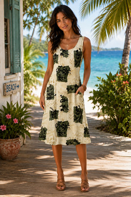 Awesome Wear Womens 2X Abstract Midi Dress Beige Green Sleeveless Tie Back Side