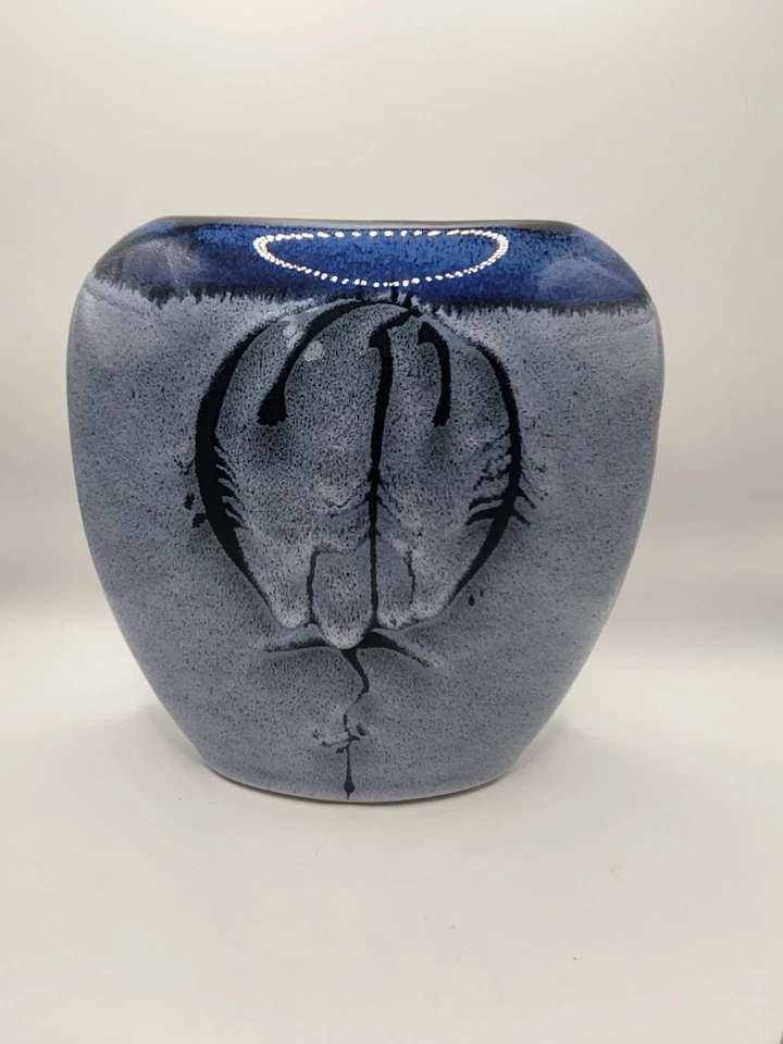 "Florero de cerámica William Crutchfield Studio 8"" azul gris esmalte por goteo abstracto moderno" Foto 2 de 4