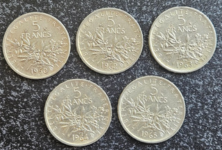 FRANCE FRANCIA LOT DE 5 MONNAIES DE 5 FRANCS SEMEUSE ARGENT . N°6.