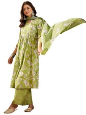 Womens Pure Cotton Floral Print Office Wear Straight Kurta Pant with Dupatta Set