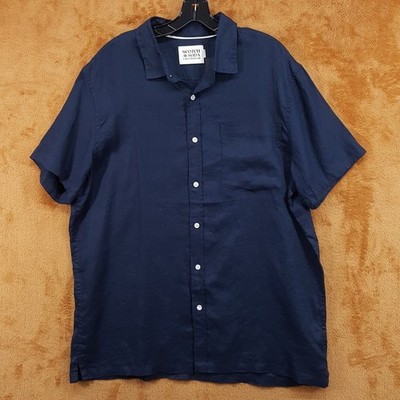 SCOTCH & SODA Button Up Shirt Mens XXL Navy Blue Short Sleeve 100% Linen $118