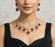 Elegant Red Stone & Polki Gold Plated Necklace Set with Matching Earrings