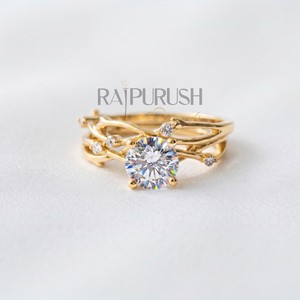 Authentic Round Moissanite Engagement Ring Set Nature-Inspired Vine Band Sterling Silver