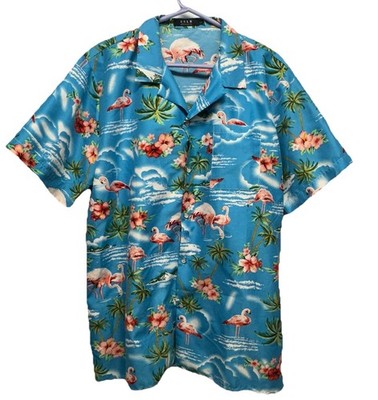 Vintage RJC Flamingo Aloha Shirt Sz L Made In Hawaii Palm Trees Beach 90s