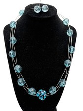 Blue Glass Bead Jewelry Set Necklace Earrings Womens Multi Strand Rhinestone