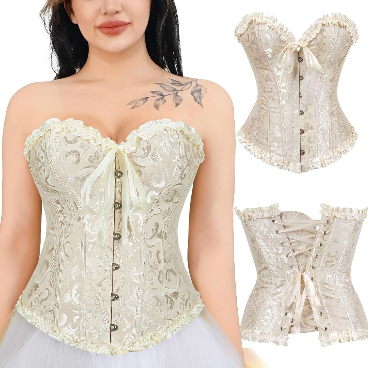 Women Overbust Lace Up Boned Bustier Corset Top Burlesque Waist Trainer Lingerie