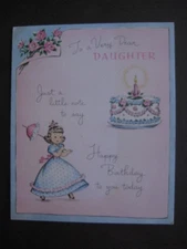 1945 vintage greeting card Norcross BIRTHDAY To Daughter Girl w/ Parasol & Cake