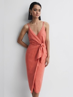REISS Esme Coral Linen Side Tie Midi Dress Sz 2 Quiet Luxury Resortwear Wedding