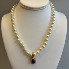 Vintage Signed Roman Faux White Pearl Necklace & Sapphire Halo Teardrop Enhancer