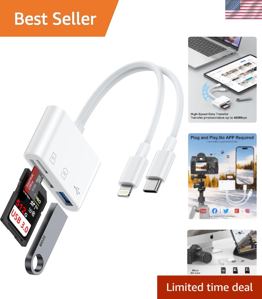 High-Speed iPhone & iPad SD Card Reader - Dual USB C and Lightning Connectivity