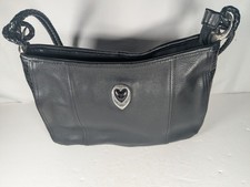 Brighton Black Leather Shoulder Bag Croc Embossed Braided Strap Silver Heart...