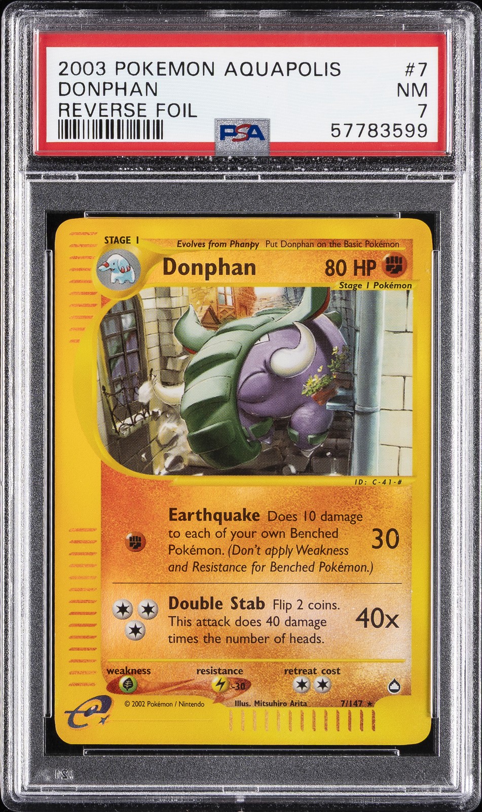 2003 POKEMON AQUAPOLIS #7 DONPHAN-REVERSE FOIL PSA 7