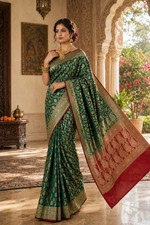 Teal Banarasi Silk Saree  Gold Zari Weaving, Contrast Pallu, Festive Wear