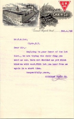 1902 Michigan Chair Co. Grand Rapids MI Furniture Factory Letterhead Clyde NY