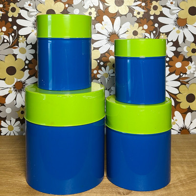 Vintage Counterpoint Nesting Blue & Green Solid Metal Tin Full Set 4 Retro 70s