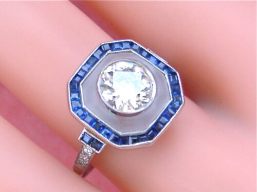 ART DECO 1.10ct EURO DIAMOND SAPPHIRE ROCK CRYSTAL RING - Picture 1 of 12