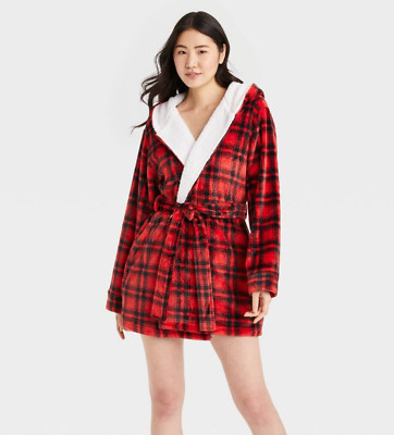 Women's Plaid Cozy Short Hooded Robe - Colsie, Red Plaid, XS/S