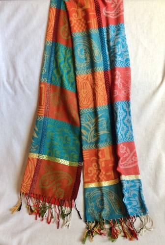 Vintage Scarf Colorful Squares Fringed Ends Gold Thread Accents 71 x 27 - Picture 2 of 4