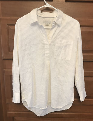 Liz Claiborne Sz Med White Cotton spandex pullover L/S Shirt blouse top 1583