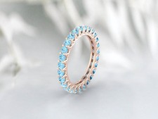 Round Blue Aquamarine Eternity Wedding Band Silver Matching Band
