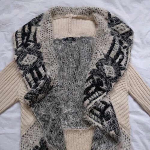 Sioni Cardigan Pullover vorne offen Strick Wollmischung creme schwarz Boho Damen Large - Bild 2 von 12