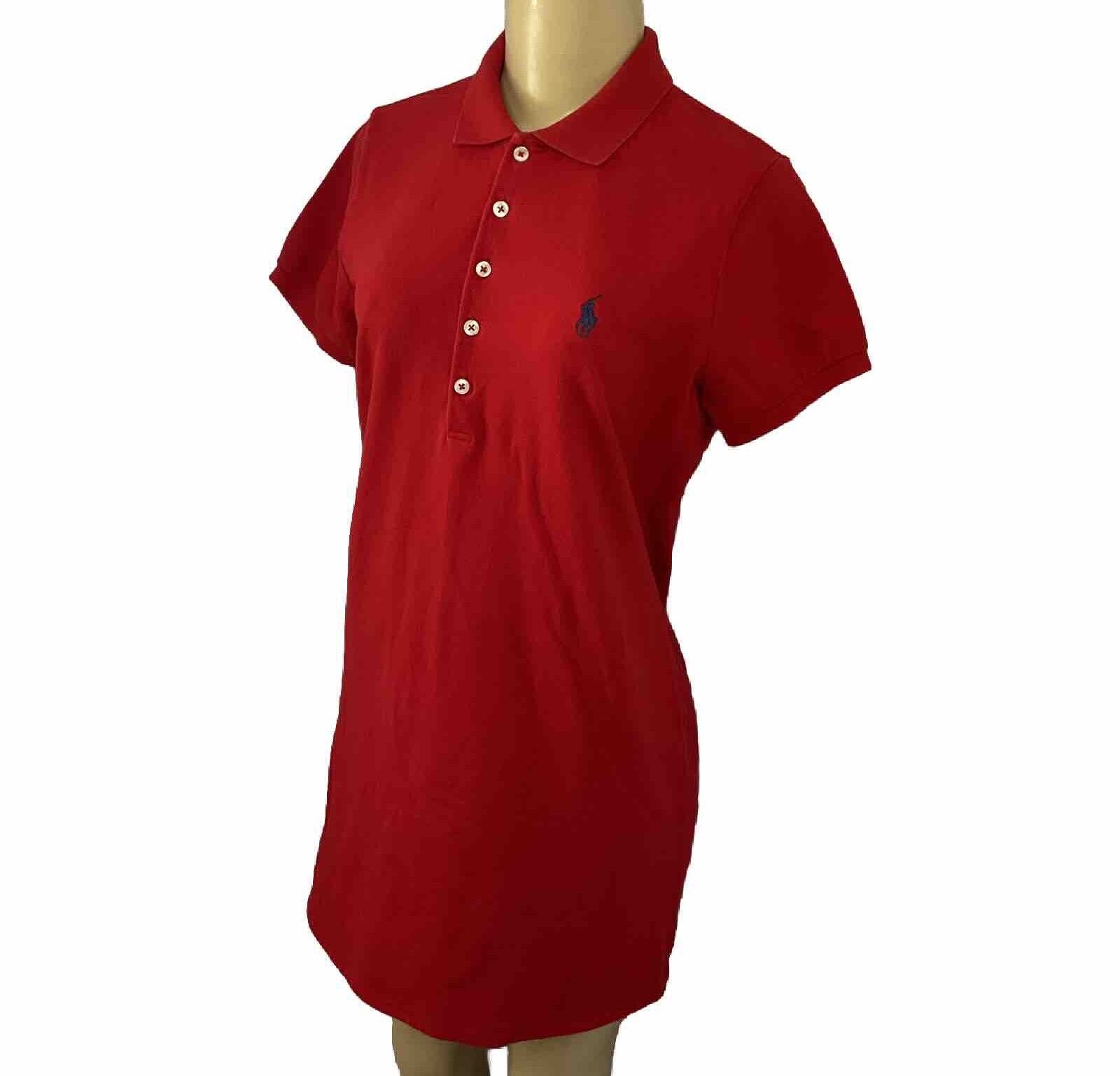 Ralph Lauren Polo Dress Short Sleeve Knit Pique Solid Red Women Sz L Blue Pony