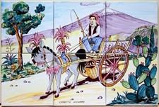 CERAMICA VIETRI PANNELLO MATTONELLE CM 20X20 DECORATE A MANO CARRETTO SICILIA