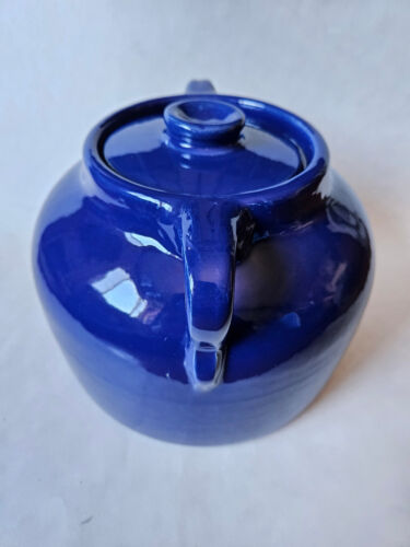 Vintage Bauer Pottery 3Qt Handled Covered Bean Pot Cobalt Blue Plain Ware - Picture 3 of 13