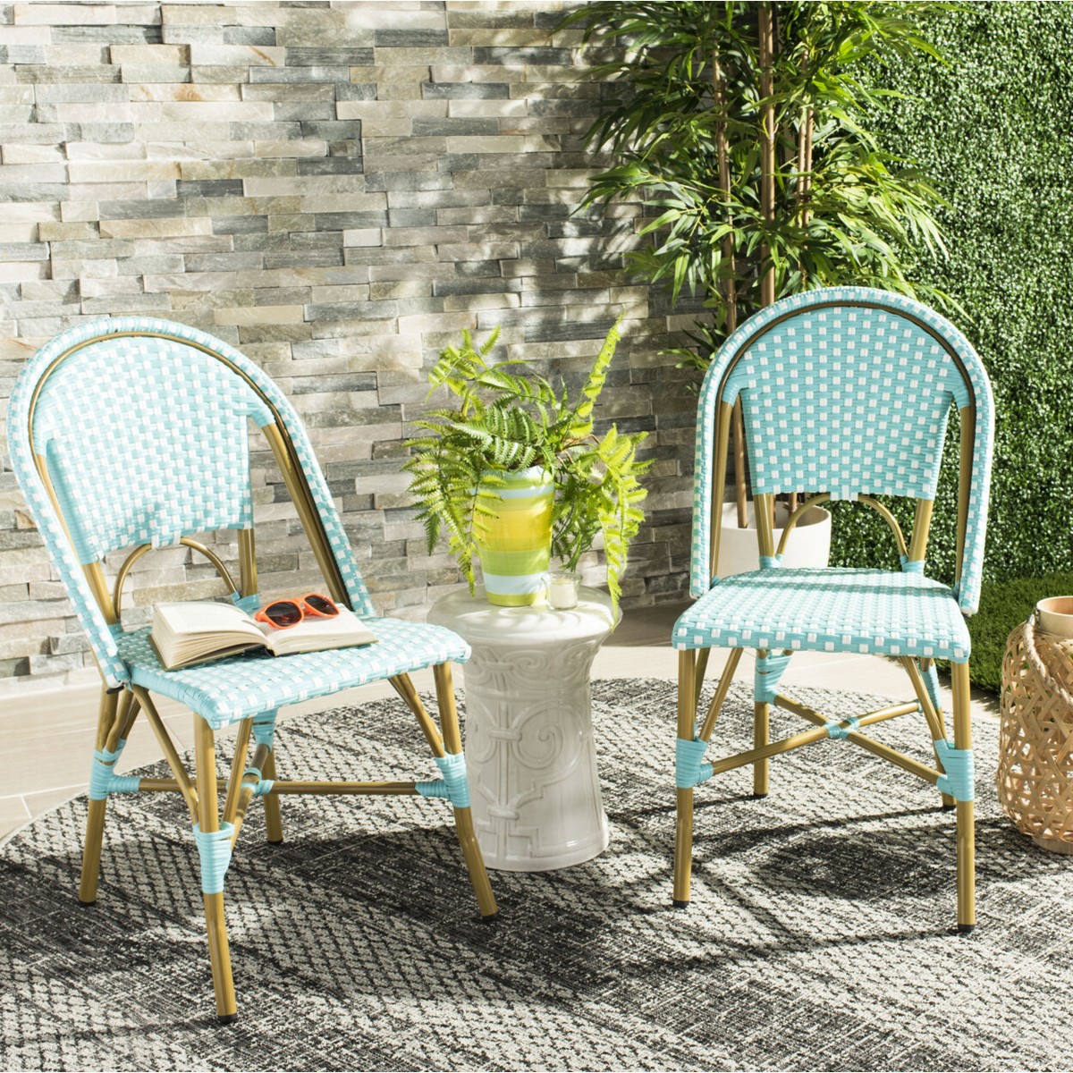 SAFAVIEH Outdoor Collection Salcha Bistro Side Chair Teal/White