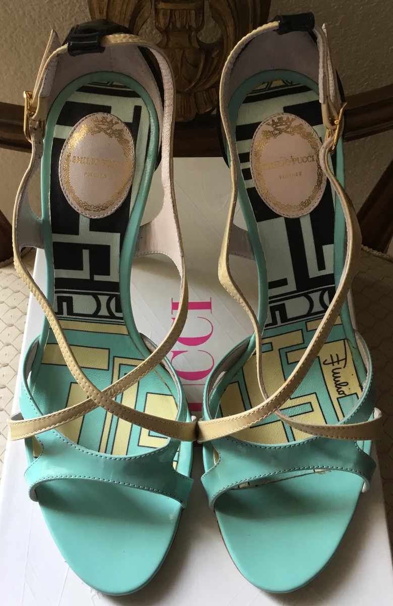 EMILIO PUCCI WOMANS $585 TURQUOISE/IVORY LEATHER SANDALS SZ