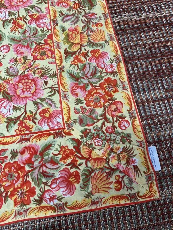 VTG April Cornell Yellow Cotton Tablecloth Floral Pink Red Greenery 58” x 80” - Image 4 of 4