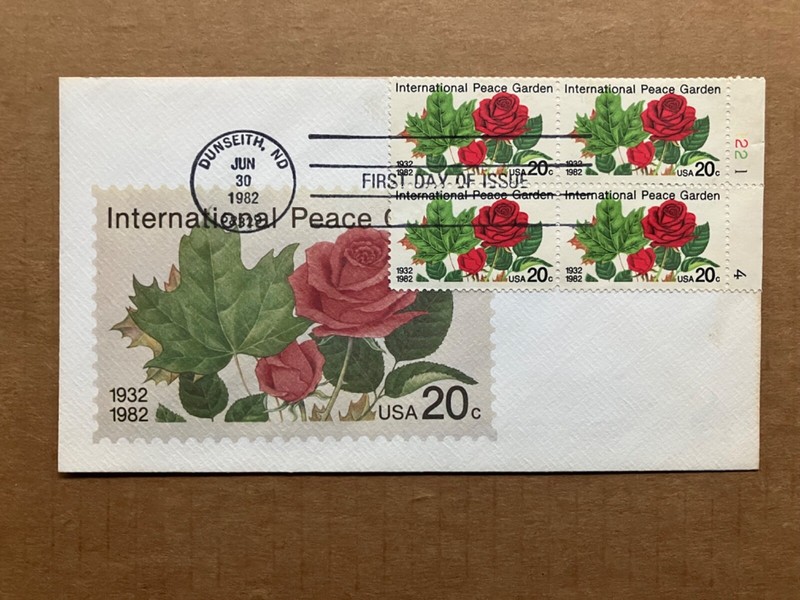1982 20c International Peace Garden 2014 Andrews Cachet Plate Block FDC 121/2500
