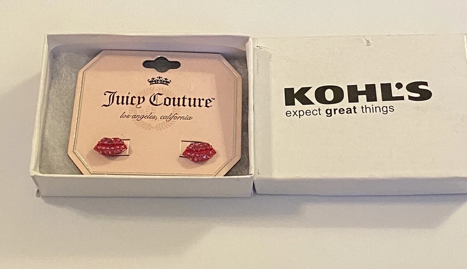 Signed Juicy Couture Red Enamel & Red Rhinestone Painted Lips Pierced Earrings - Image 3 of 4