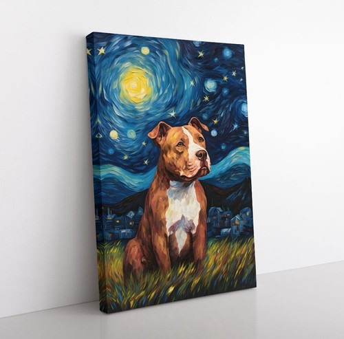 Lindo Pitbull Marrón Noche Estrellada Estilo Pintura al Óleo Impresión sobre Lienzo Mascota Perro Regalo - Imagen 2 de 12
