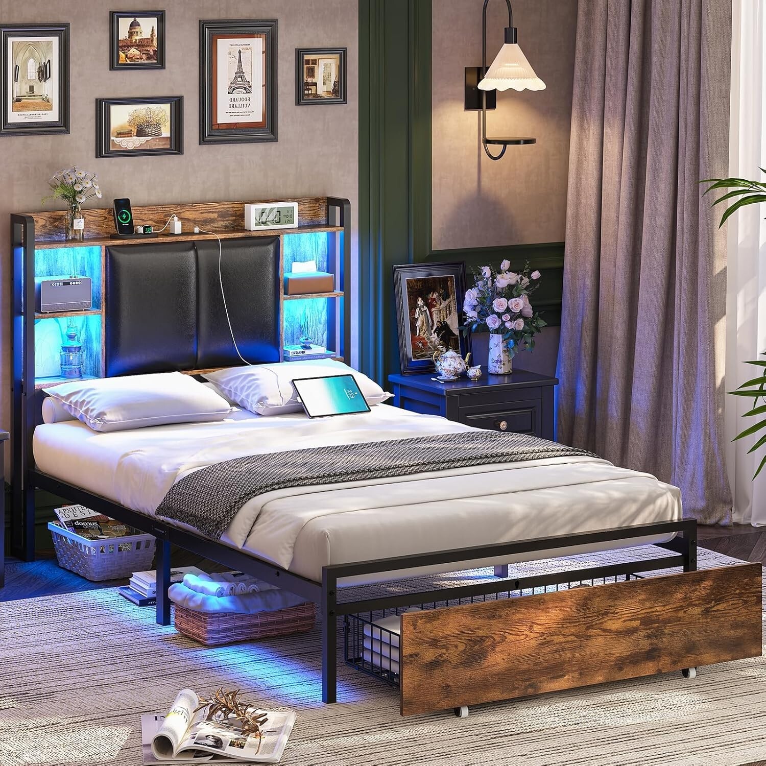 Twin Upholstered Platform Bed Frame with Storage Headboard and Drawer in Brown