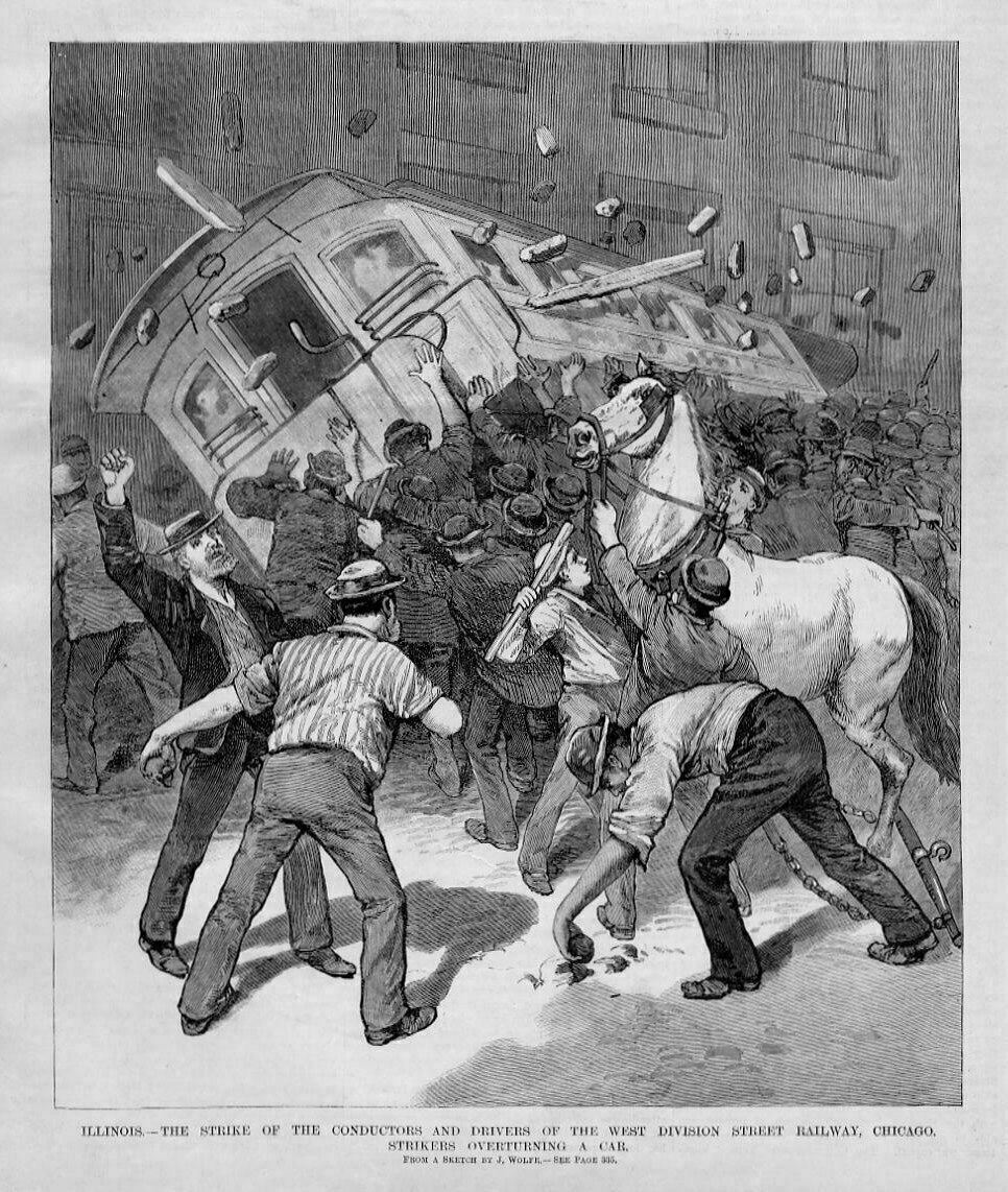 CONDUCTORS AND DRIVERS DIVISION STREET RAILWAY STRIKE CHICAGO STRIKERS FLIP CAR