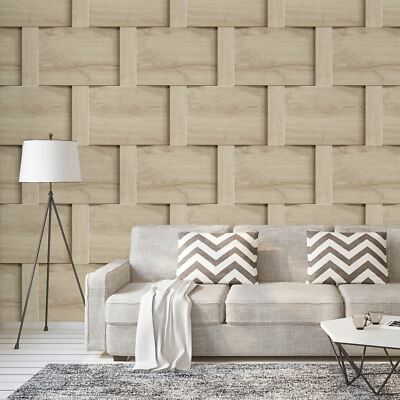 Debona Harrow Weave Wood Panel 3D Effect Wallpaper - Beige 6738