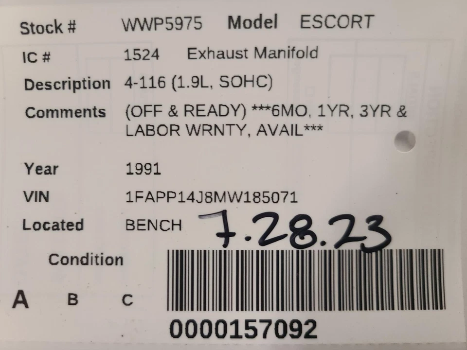 Colector de escape usado se adapta a: Ford Escort 1991 4-116 1,9 L SOHC grado A Foto 3 de 4