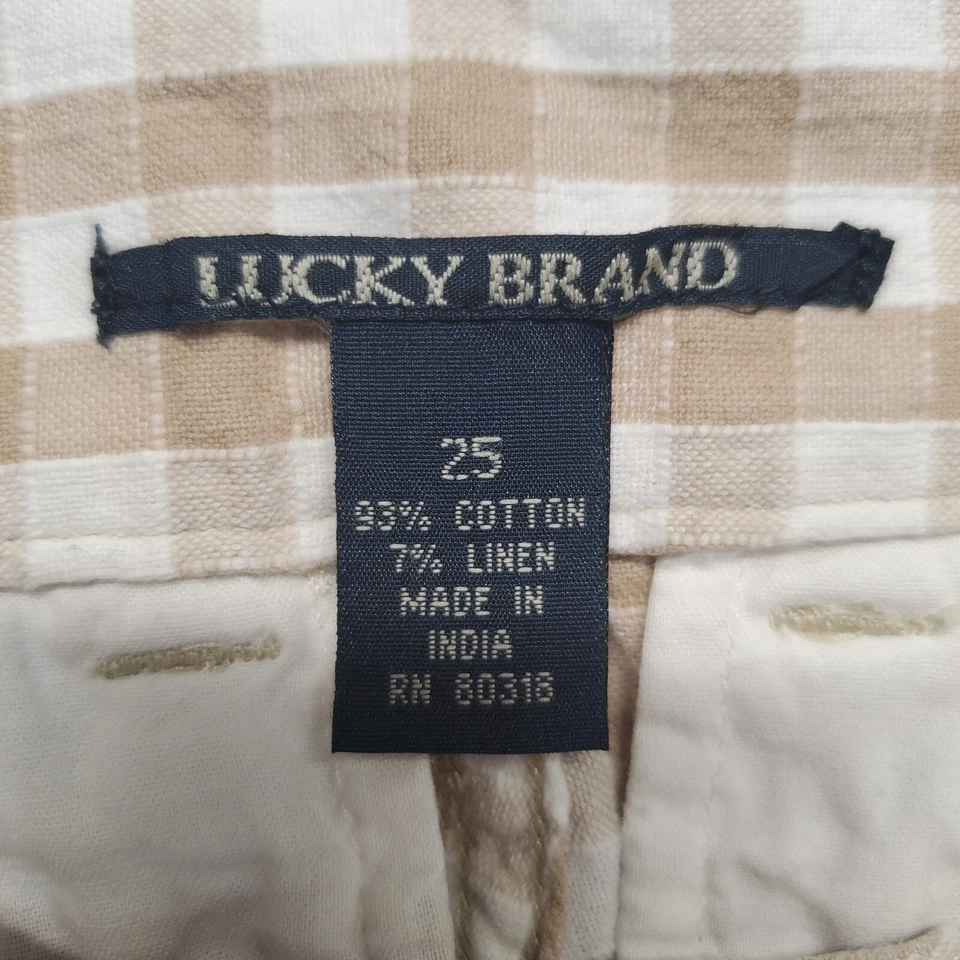 Pantalones Cortos Lucky Brand Mujer 25 Beige Tostado Blanco Cuadros Lino Mezcla Algodón Foto 3 de 4