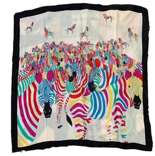 Vintage Multicolor Bright Pop Art Zebra Silk Scarf