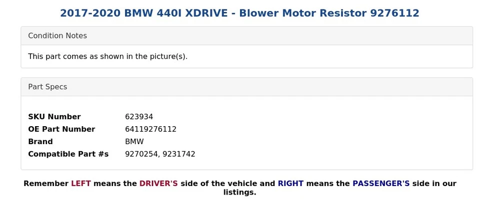 BMW 440I XDRIVE 2017-2020 - Resistencia del motor del soplador 9276112 Foto 3 de 3