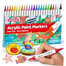 24 PCS Washable Acrylic Paint Markers, Dual Tip Acrylic Paint Pens for Paper, 