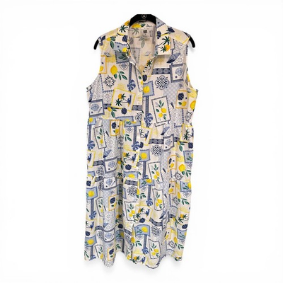 #ad ALDI Lemon Print Tiered Maxi Dress Womens XL Sleeveless Button Front Cotton $18.99