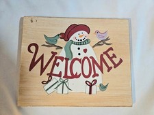 Wooden "Welcome" Sign Featuring A Snowman, Birds, And Gift Boxes Christmas...