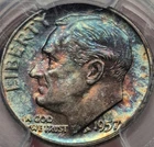 1957 P Rainbow Toned Silver Roosevelt Dime Blue Monster Toned
