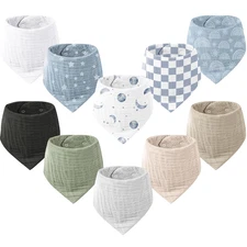 10 Pack Muslin Baby Bandana Bibs 100% Cotton Soft Absorbent Drool Bibs Unisex