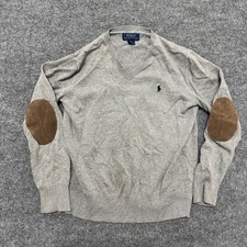 Polo Ralph Lauren Sweater Boys Size L 14-16 Gray Elbow Patches V-Neck Knit Pony