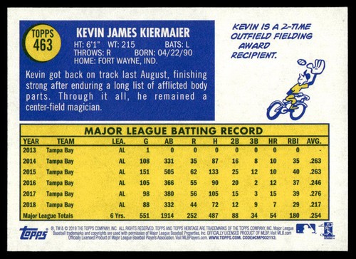2019 Topps Heritage Kevin Kiermaier #463 Short Print Tampa Bay Rays SP - Picture 2 of 2